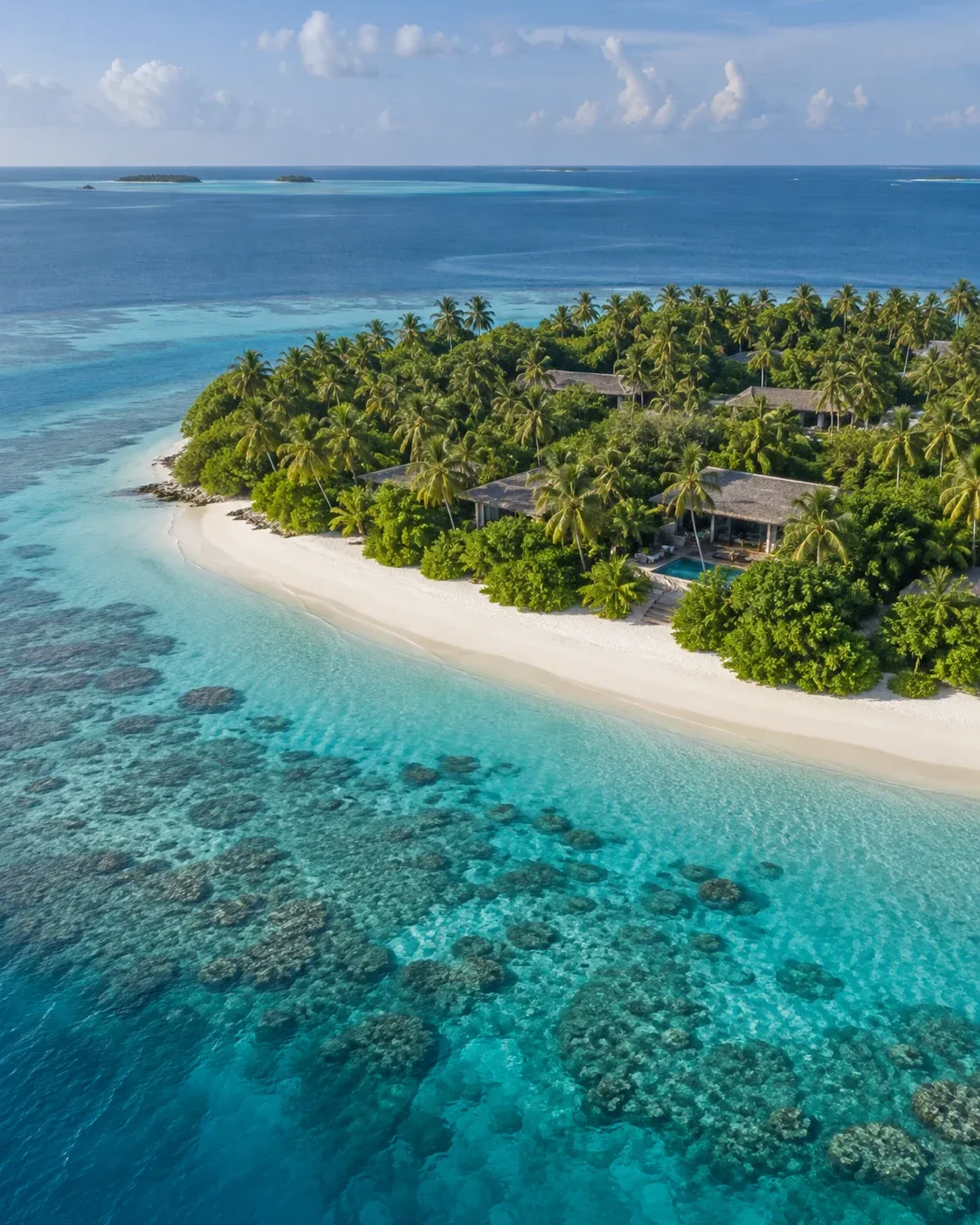 An island coastline with lush palms, white sand and a turquoise reef.