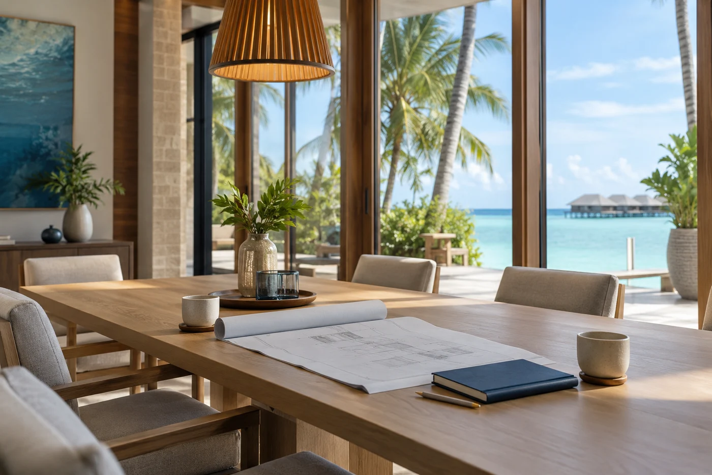 A quiet waterfront workspace with project plans and natural materials.