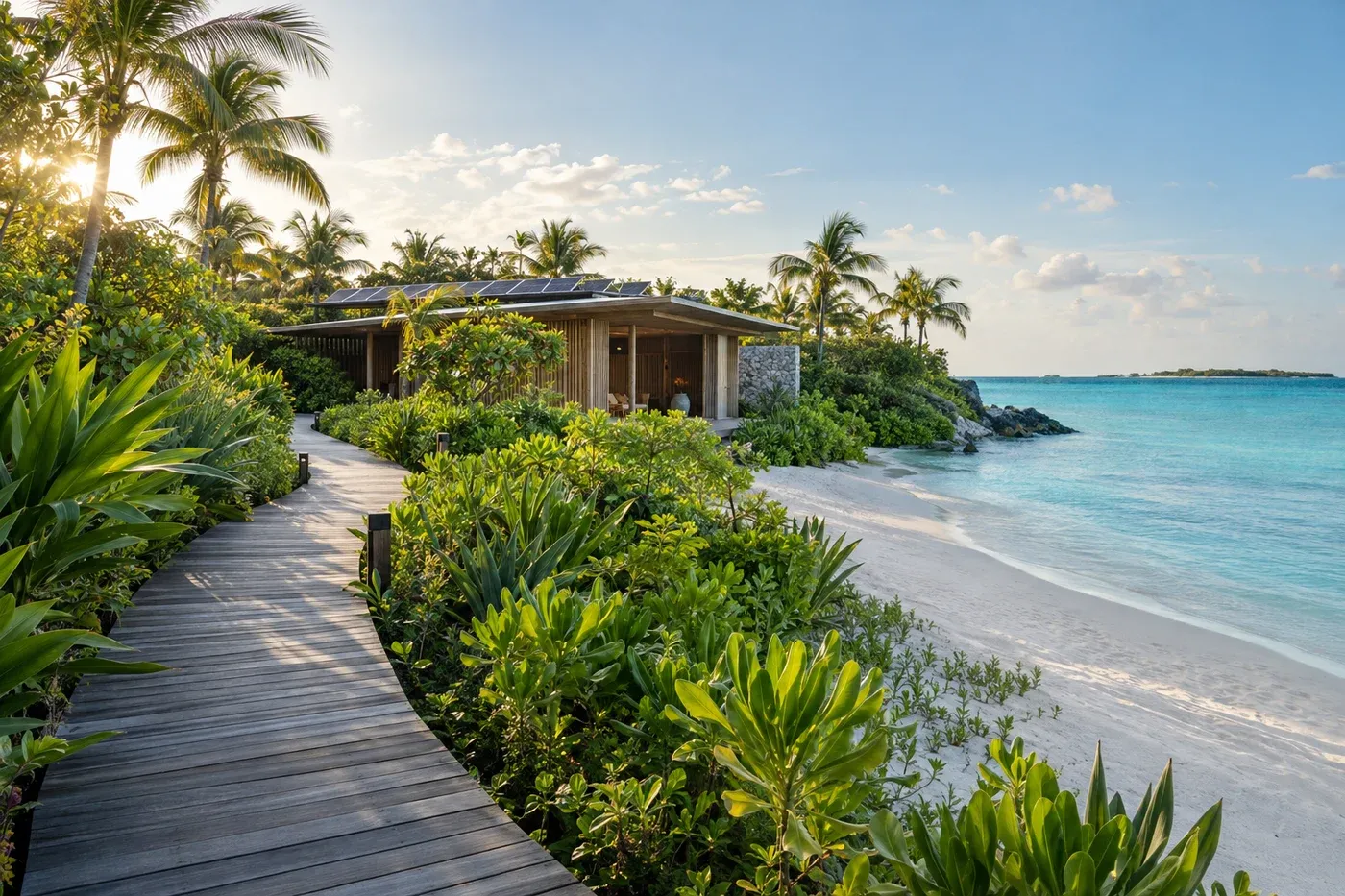 Tropical coastal planting and a timber walkway beside a building with rooftop solar panels.