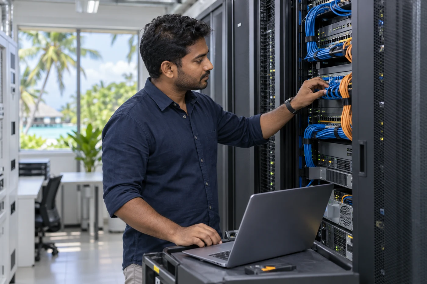 An IT specialist checking network equipment with a laptop.