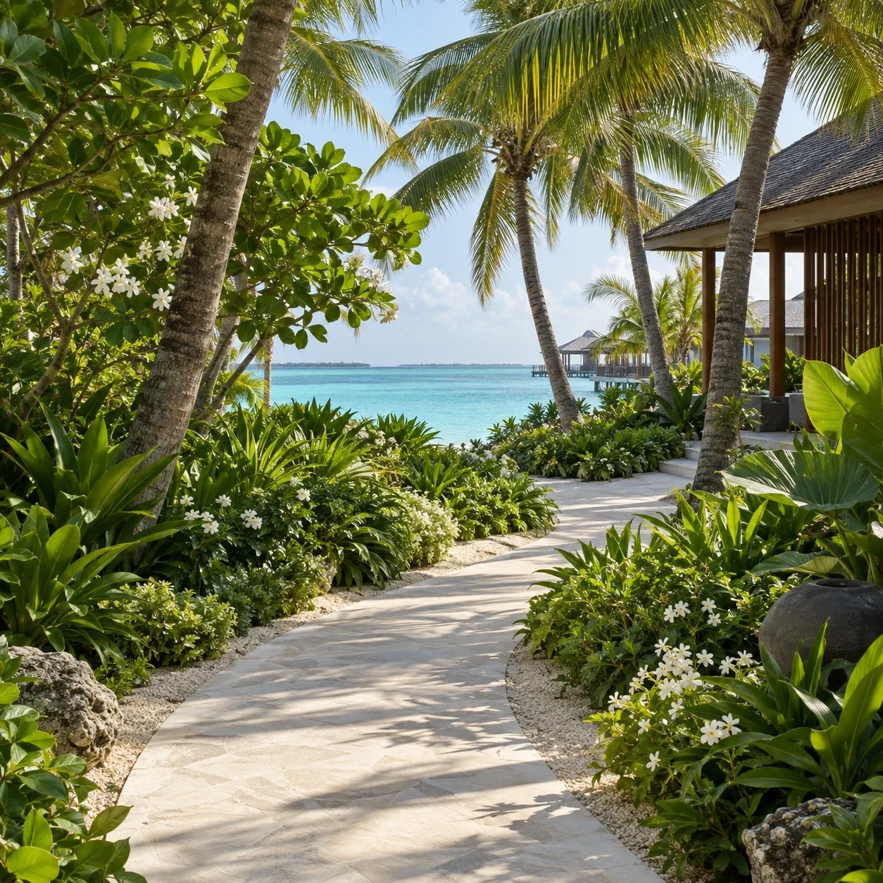 A curved garden path through tropical palms and flowering plants beside the lagoon.