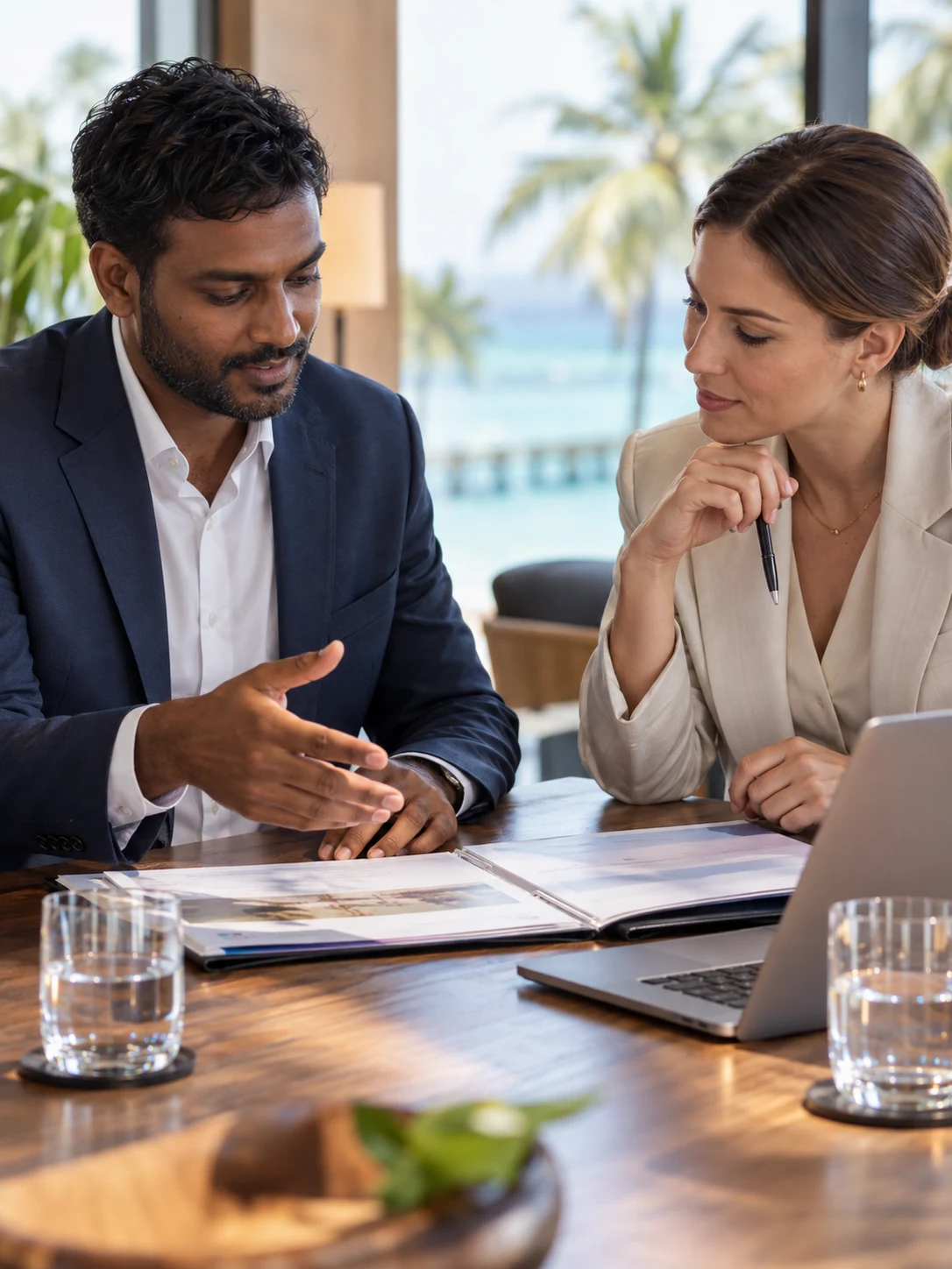 Business representatives discussing documents at a light-filled meeting table.
