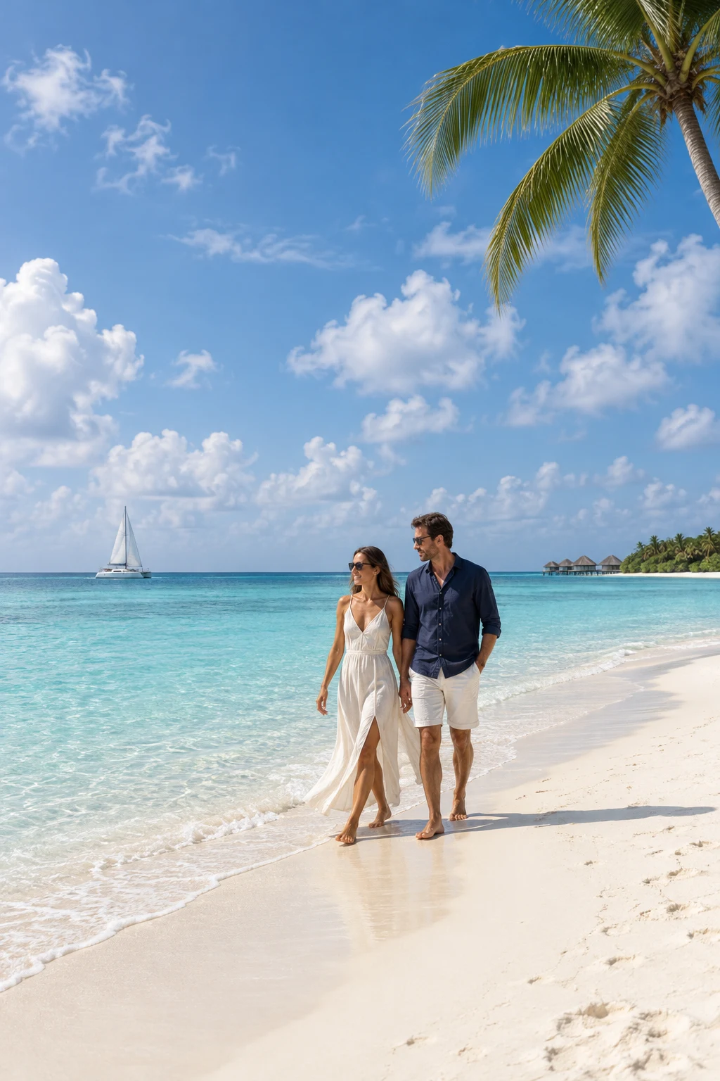 A couple walking along a white-sand beach beside a turquoise Maldives lagoon.